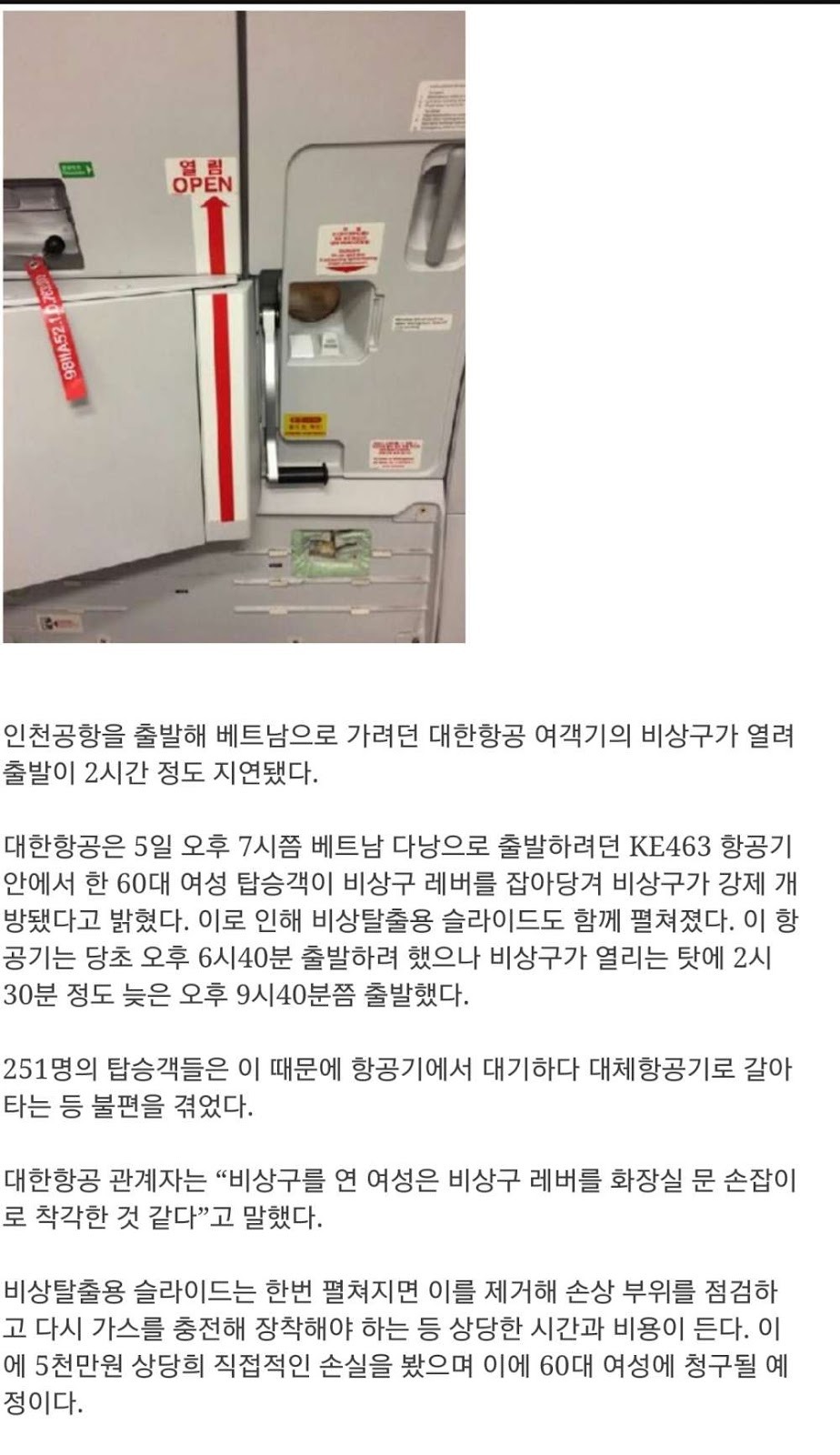 60대 노인이 비행기 비상출구를 열어 2시간 넘게 이륙 지연 | 인스티즈