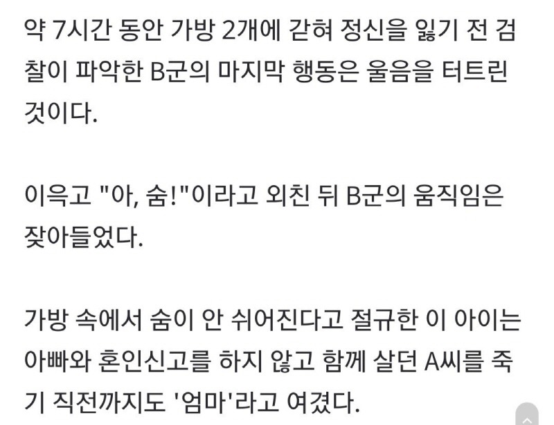 여행가방 속 땀소변 범벅된 아이 마지막 외침 "아, 숨이…" | 인스티즈